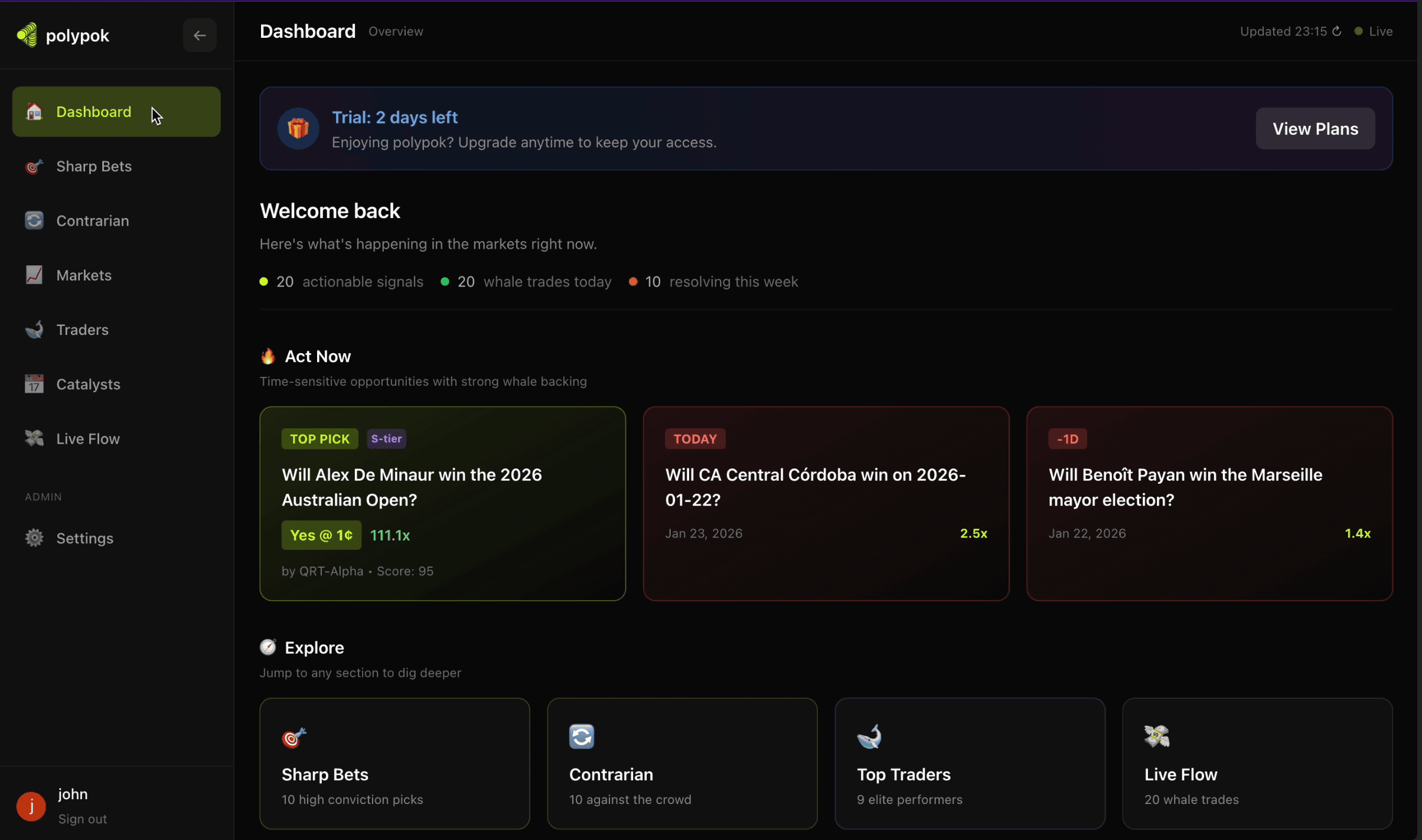 polypok dashboard showing whale tracking and market signals